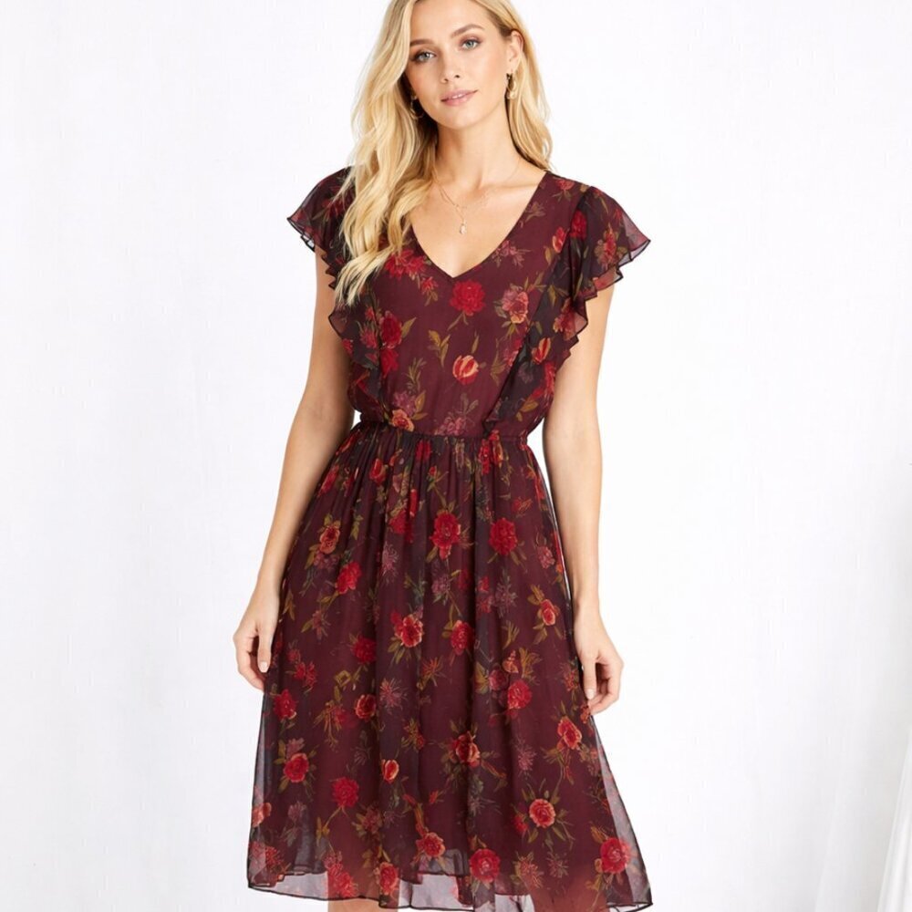 J. Peterman Womens Floral Midi Dress V-Neck Ruffle Sleeves Size 6 Red & Black